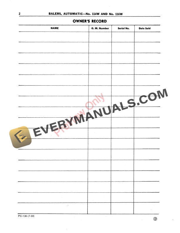 John Deere 114W and 116W Automatic Pick-Up Balers Parts Catalog PC138 01JUL59-4