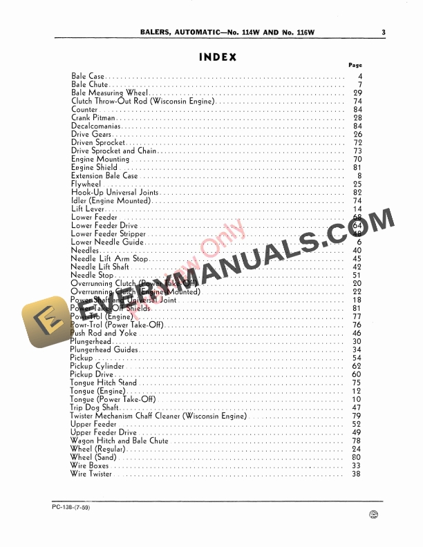 John Deere 114W and 116W Automatic Pick-Up Balers Parts Catalog PC138 01JUL59-5