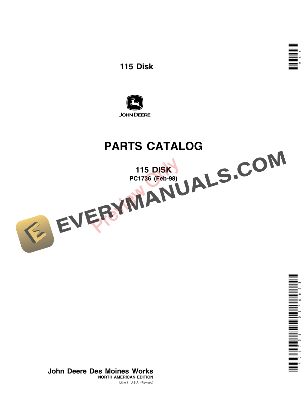 John Deere 115 Disk Parts Catalog PC1736 03FEB98-1