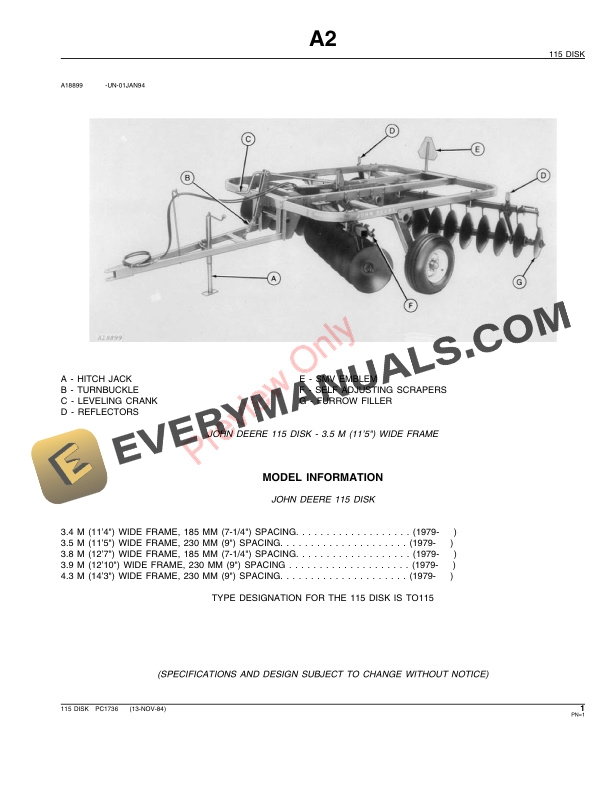 John Deere 115 Disk Parts Catalog PC1736 03FEB98-3