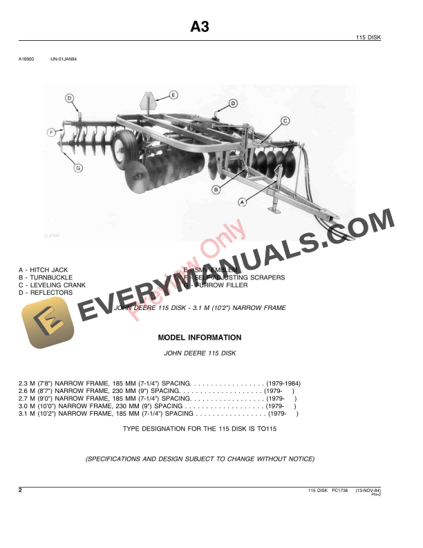 John Deere 115 Disk Parts Catalog PC1736 03FEB98-4