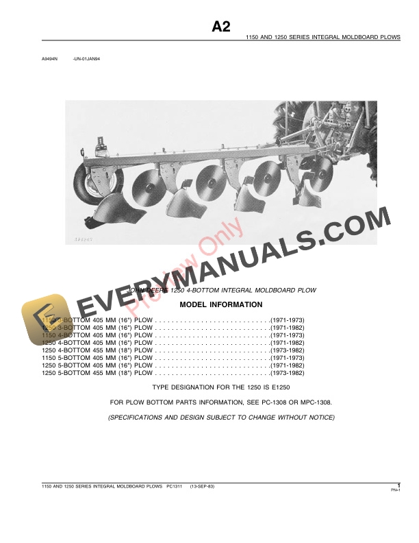John Deere 1150, 1250 Series Integral Moldboard Plows Parts Catalog PC1311 13SEP83-3