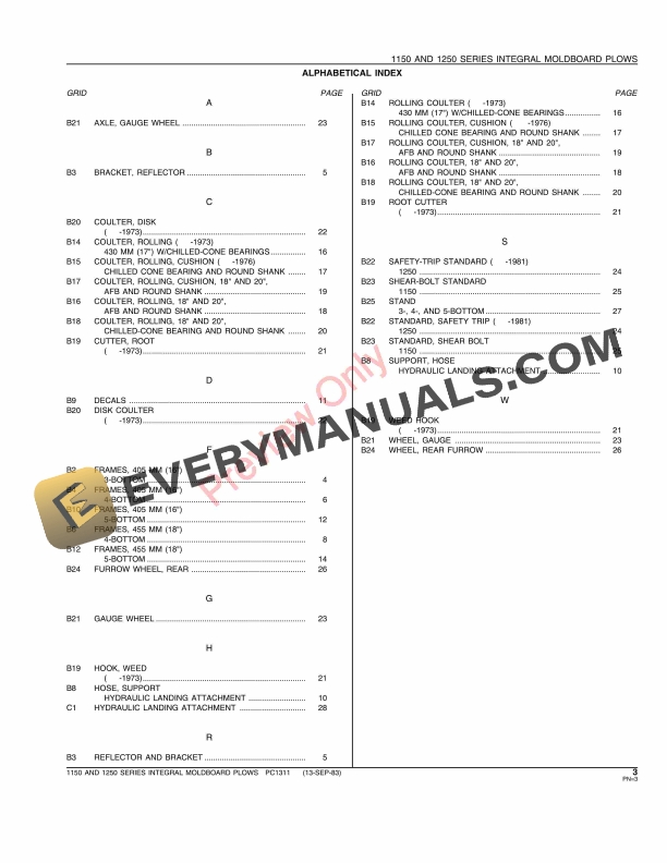 John Deere 1150, 1250 Series Integral Moldboard Plows Parts Catalog PC1311 13SEP83-5