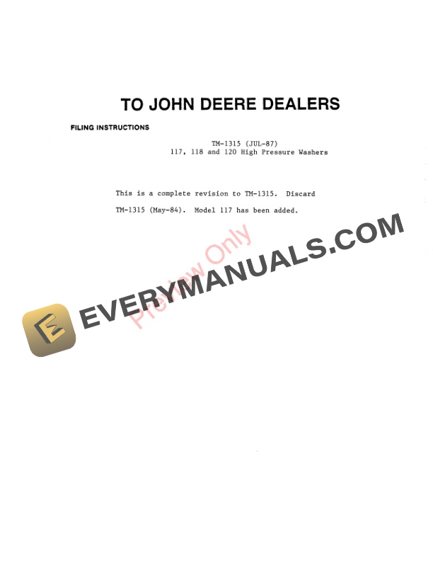 John Deere 117 118 120 High Pressure Washer Technical Manual TM1315 01JUL87 3