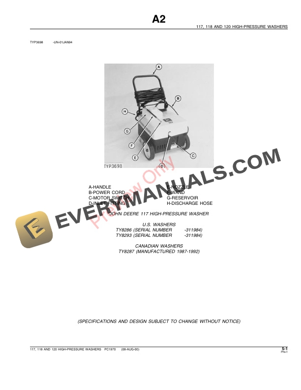 John Deere 117, 118 , 120 High-Pressure Washers Parts Catalog PC1970 09NOV00 4 John Deere 117, 118 , 120 High-Pressure Washers Parts Catalog PC1970 09NOV00-3