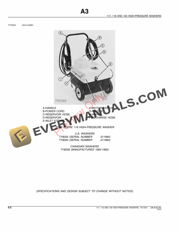 John Deere 117, 118 , 120 High-Pressure Washers Parts Catalog PC1970 09NOV00 5 John Deere 117, 118 , 120 High-Pressure Washers Parts Catalog PC1970 09NOV00-4