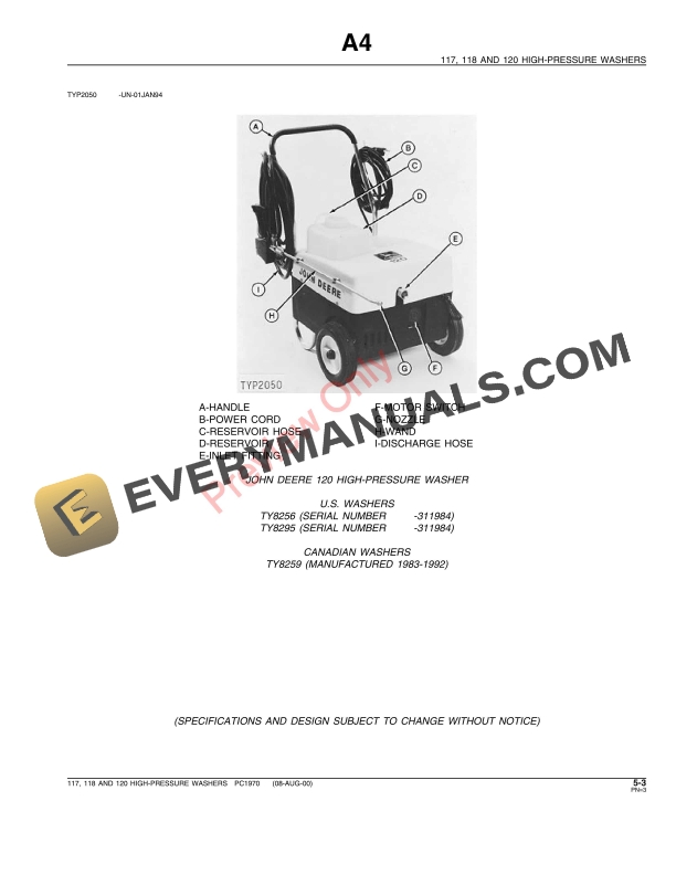John Deere 117, 118 , 120 High-Pressure Washers Parts Catalog PC1970 09NOV00 6 John Deere 117, 118 , 120 High-Pressure Washers Parts Catalog PC1970 09NOV00-5