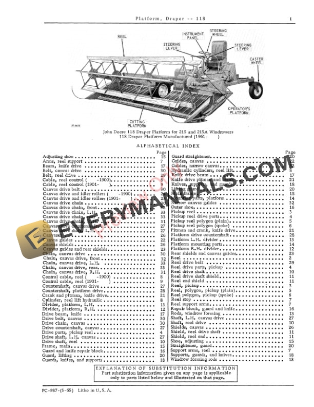 John Deere 118 Draper Platform Parts Catalog PC987 01MAY65-3