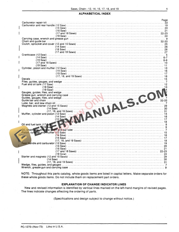 John Deere 12, 14, 15, 17, 18, 19 Chain Saws Parts Catalog PC1270 01NOV73-3