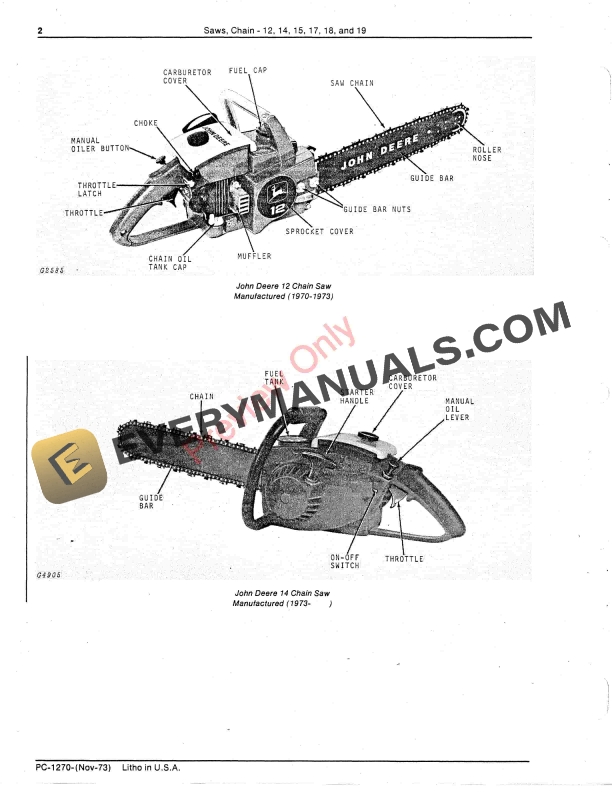 John Deere 12, 14, 15, 17, 18, 19 Chain Saws Parts Catalog PC1270 01NOV73-4