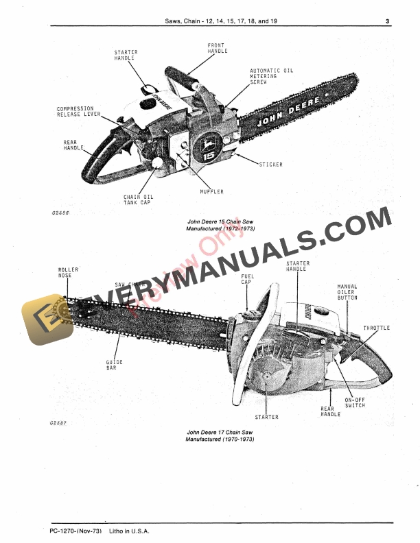 John Deere 12, 14, 15, 17, 18, 19 Chain Saws Parts Catalog PC1270 01NOV73-5