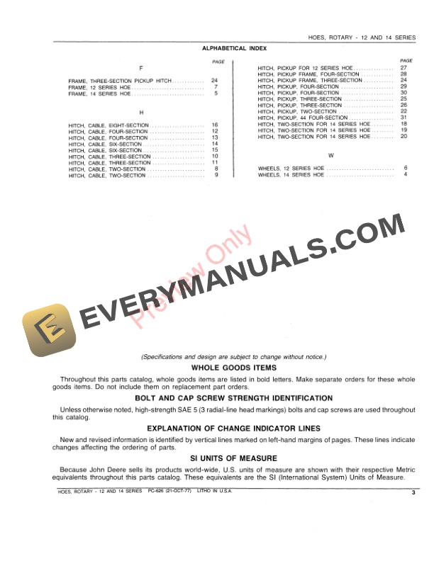 John Deere 12, 14 Series Rotary Hoes Parts Catalog PC626 18MAR77-3