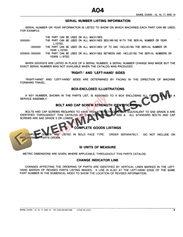 John Deere 12, 15, 17, 19 Chain Saws Parts Catalog PC1249 01NOV89-5