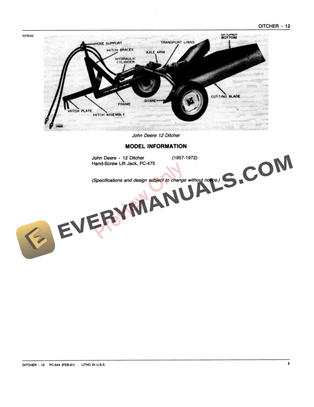 John Deere 12 Ditcher Parts Catalog PC544 01FEB81-3