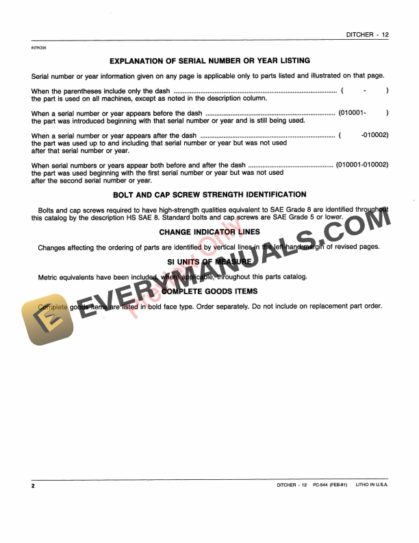 John Deere 12 Ditcher Parts Catalog PC544 01FEB81-4