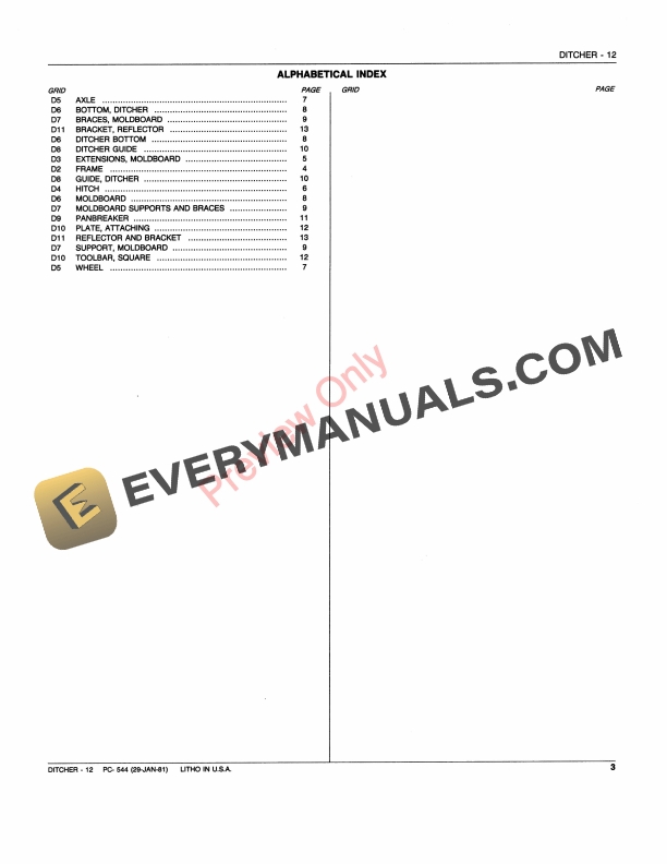 John Deere 12 Ditcher Parts Catalog PC544 01FEB81-5