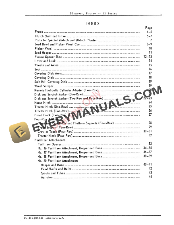 John Deere 12 Series – 1- and 2- Row Potato Planter Parts List PC481 01OCT61-3