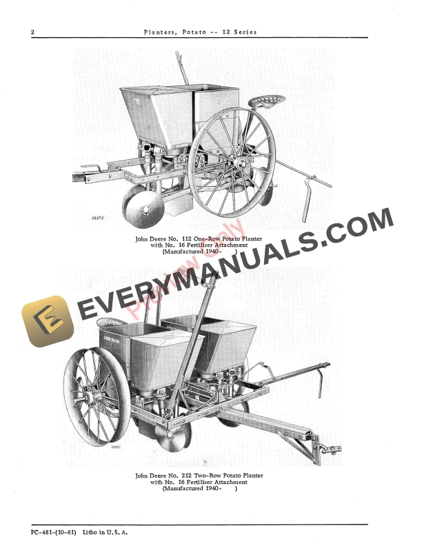 John Deere 12 Series – 1- and 2- Row Potato Planter Parts List PC481 01OCT61-4