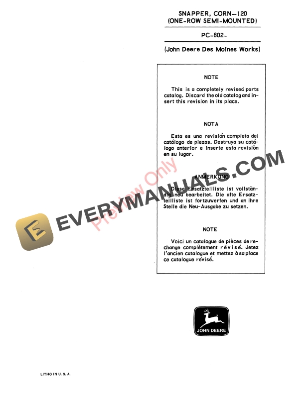 John Deere 120 Corn Snapper Parts List PC802 01MAY69-1