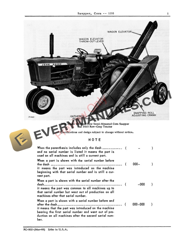 John Deere 120 Corn Snapper Parts List PC802 01MAY69-3