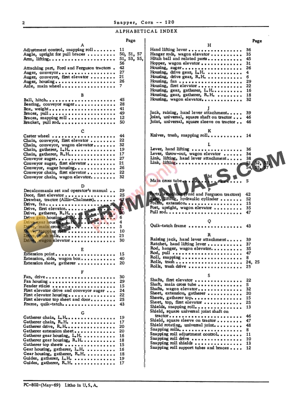 John Deere 120 Corn Snapper Parts List PC802 01MAY69-4