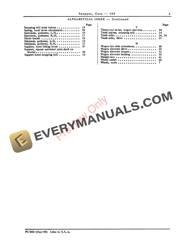 John Deere 120 Corn Snapper Parts List PC802 01MAY69-5