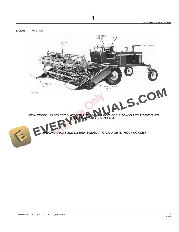 John Deere 120 Draper Platform Parts Catalog PC1378 11MAY11-3