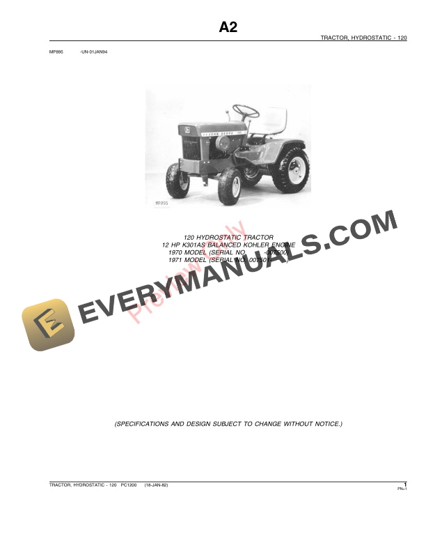 John Deere 120 Lawn and Garden Tractor Parts Catalog PC1200 12APR93-3