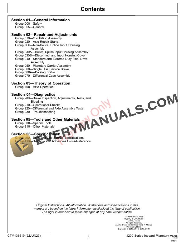 John Deere 1200 Series TeamMate II Inboard Planetary Axles Component Technical Manual CTM138519 22JUN23 3