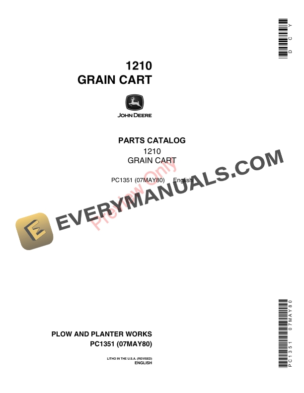 John Deere 1210 Grain Cart Parts Catalog PC1351 07MAY80-1