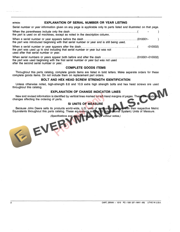 John Deere 1210 Grain Cart Parts Catalog PC1351 07MAY80-4