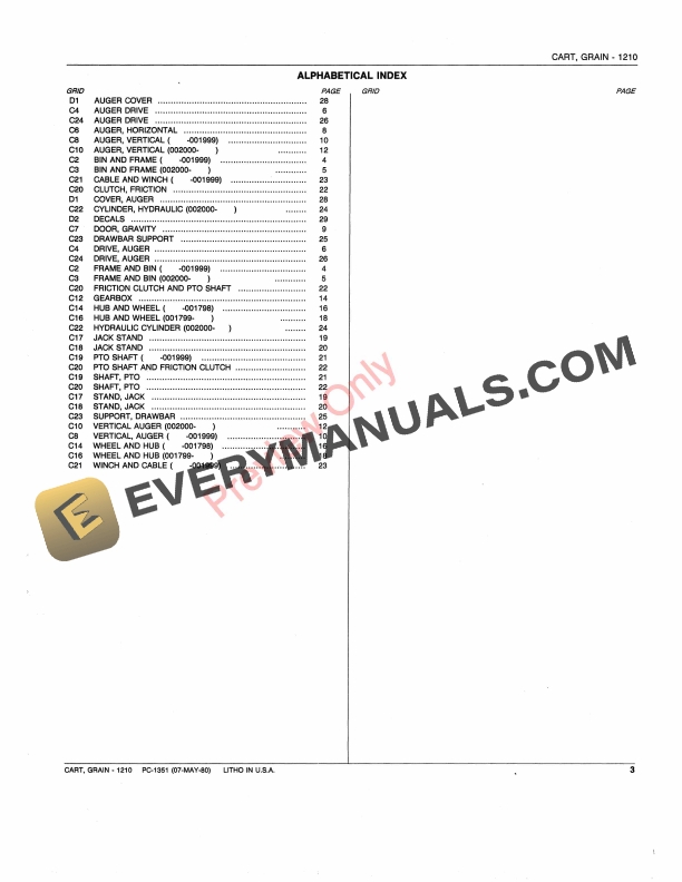 John Deere 1210 Grain Cart Parts Catalog PC1351 07MAY80-5