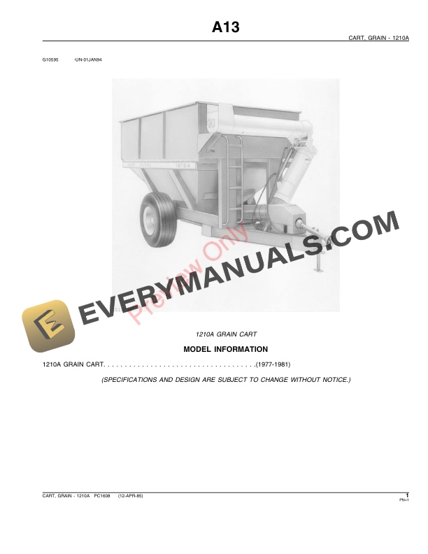 John Deere 1210A Grain Cart Parts Catalog PC1608 14OCT86-3