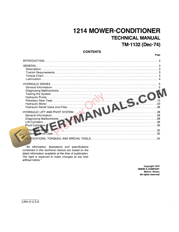 John Deere 1214 Conditioner Mower Technical Manual TM1132 01DEC74 3