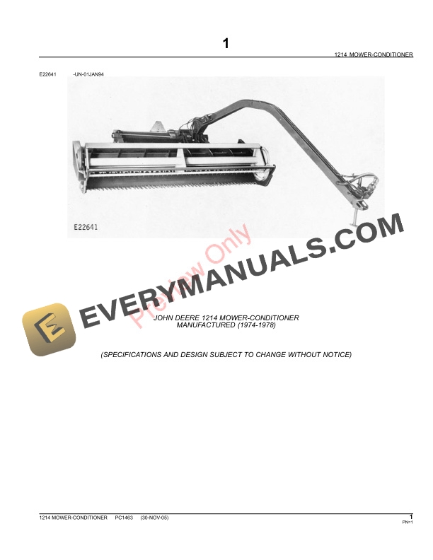 John Deere 1214 Mower Conditioner Parts Catalog PC1463 09MAY11-3