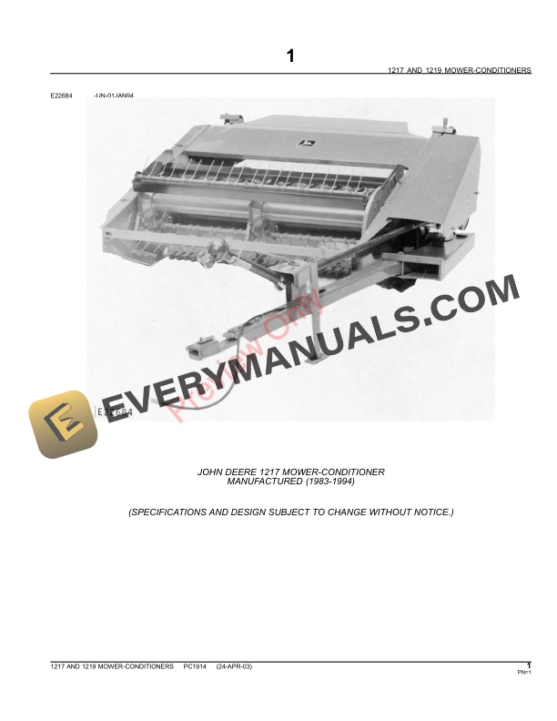 John Deere 1217, 1219 Mower Conditioners Parts Catalog PC1914 09MAY11-3