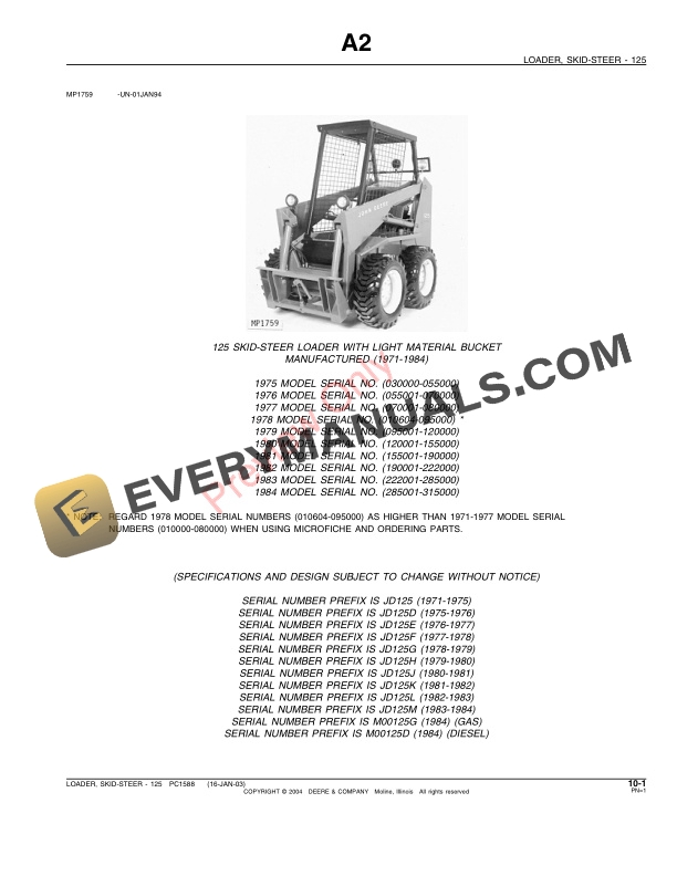 John Deere 125 Skid Steer Loader Parts Catalog PC1588 26MAY04-3