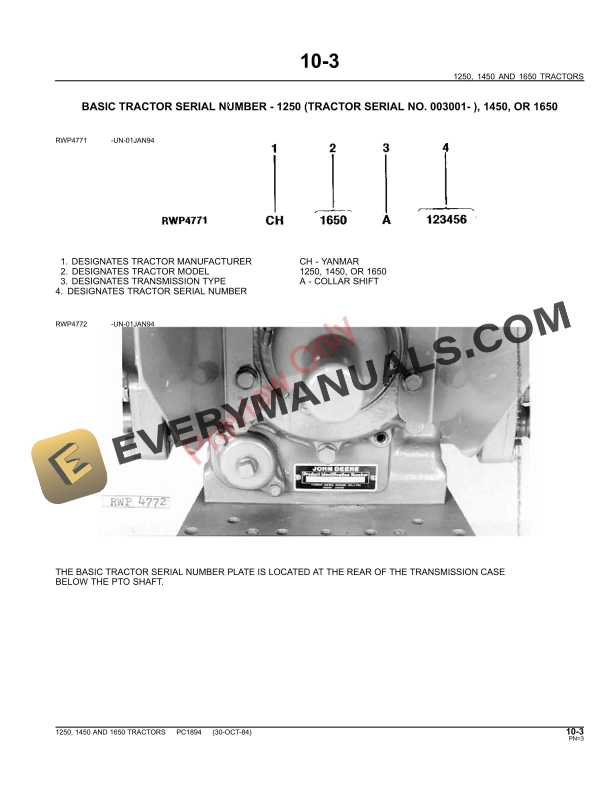 John Deere 1250, 1450, 1650 Tractors Parts Catalog PC1894 31MAR10-5