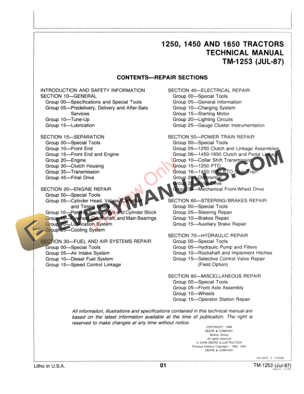 John Deere 1250 1450 and 1650 Tractors Technical Manual TM1253 01JUL87 3