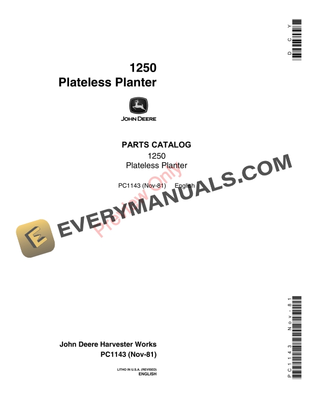 John Deere 1250 Plateless Planter Parts Catalog PC1143 01NOV81-1