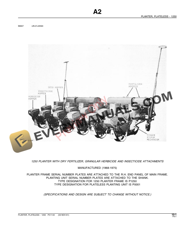 John Deere 1250 Plateless Planter Parts Catalog PC1143 01NOV81 3