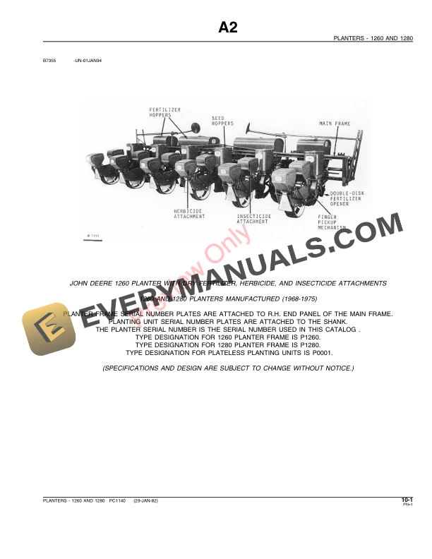 John Deere 1260 1280 Plateless Planters Parts Catalog PC1140 29JAN82 3