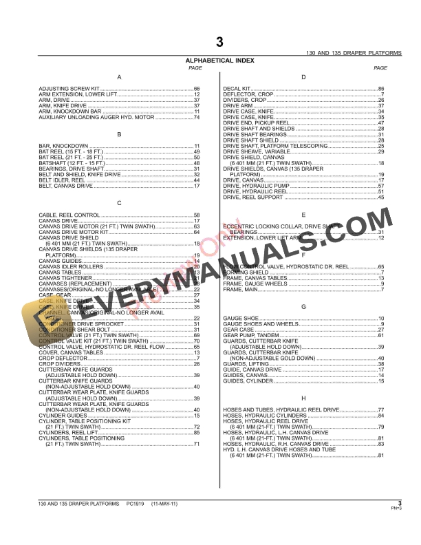 John Deere 130, 135 Draper Platform Parts Catalog PC1919 11MAY11-5