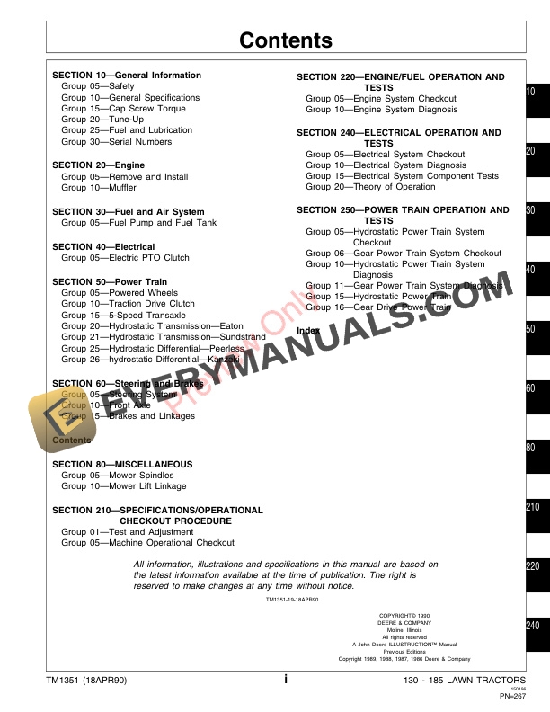 John Deere 130, 160, 165, 170, 175, 180, 185 Lawn Tractors (Typo on pg. 240 Technical Manual TM1351 01APR88 5 John Deere 130 160 165 170 175 180 185 Lawn Tractors Typo on pg. 240 Technical Manual TM1351 01APR88 3