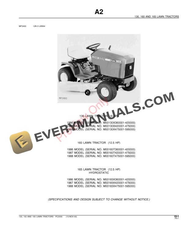 John Deere 130, 160 and 165 Lawn Tractors Parts Catalog PC2055 15NOV93-3