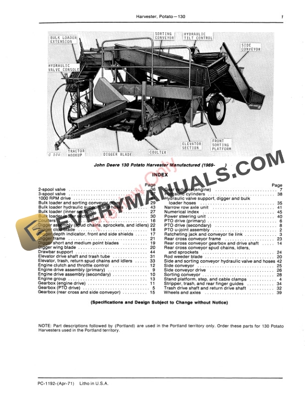 John Deere 130 Potato Harvester Parts Catalog PC1192 01APR71 3