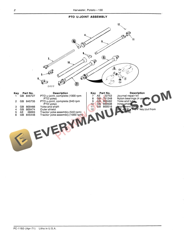 John Deere 130 Potato Harvester Parts Catalog PC1192 01APR71 4