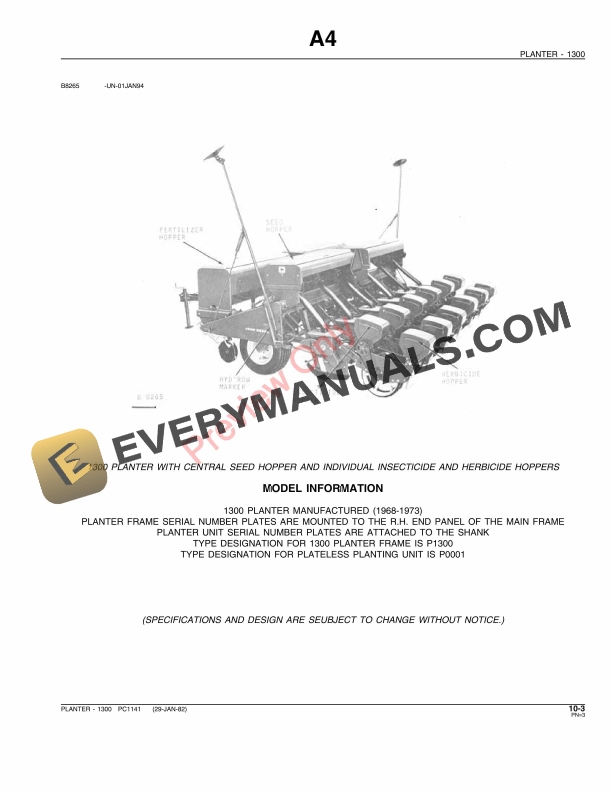John Deere 1300 Plateless Planter Parts Catalog PC1141 29JAN82 5