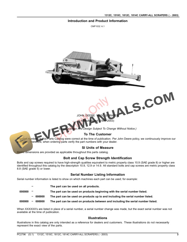 John Deere 1312C, 1510C, 1812C, 1814C CARRY-ALL SCRAPERS ( -2003) Parts Catalog PC2796 05APR19-3