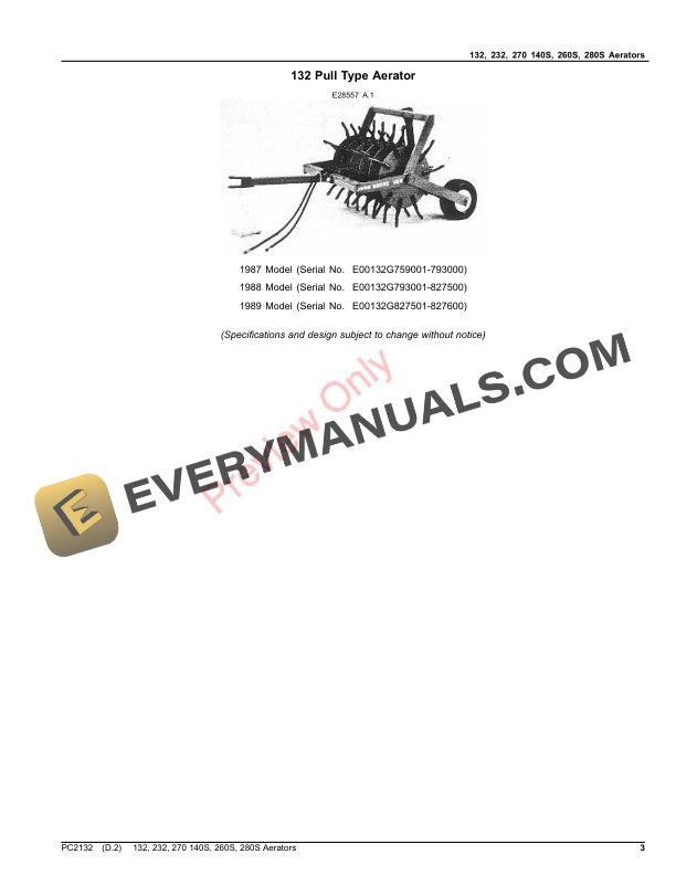 John Deere 132, 232 and 270 Aerators, 140S, 260S and 280S Shatter Aerators Parts Catalog PC2132 4AUG21-3